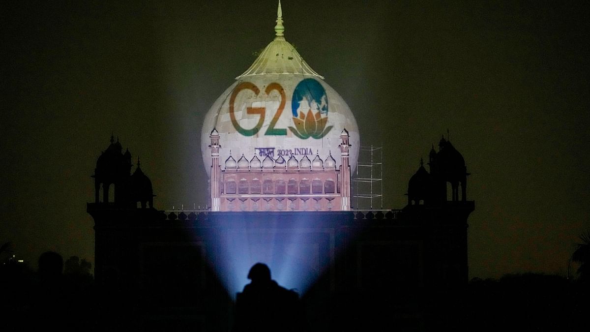 The Safdarjung Tomb is illuminated with the logo of G20 Summit 2023 in New Delhi. Credit: PTI Photo