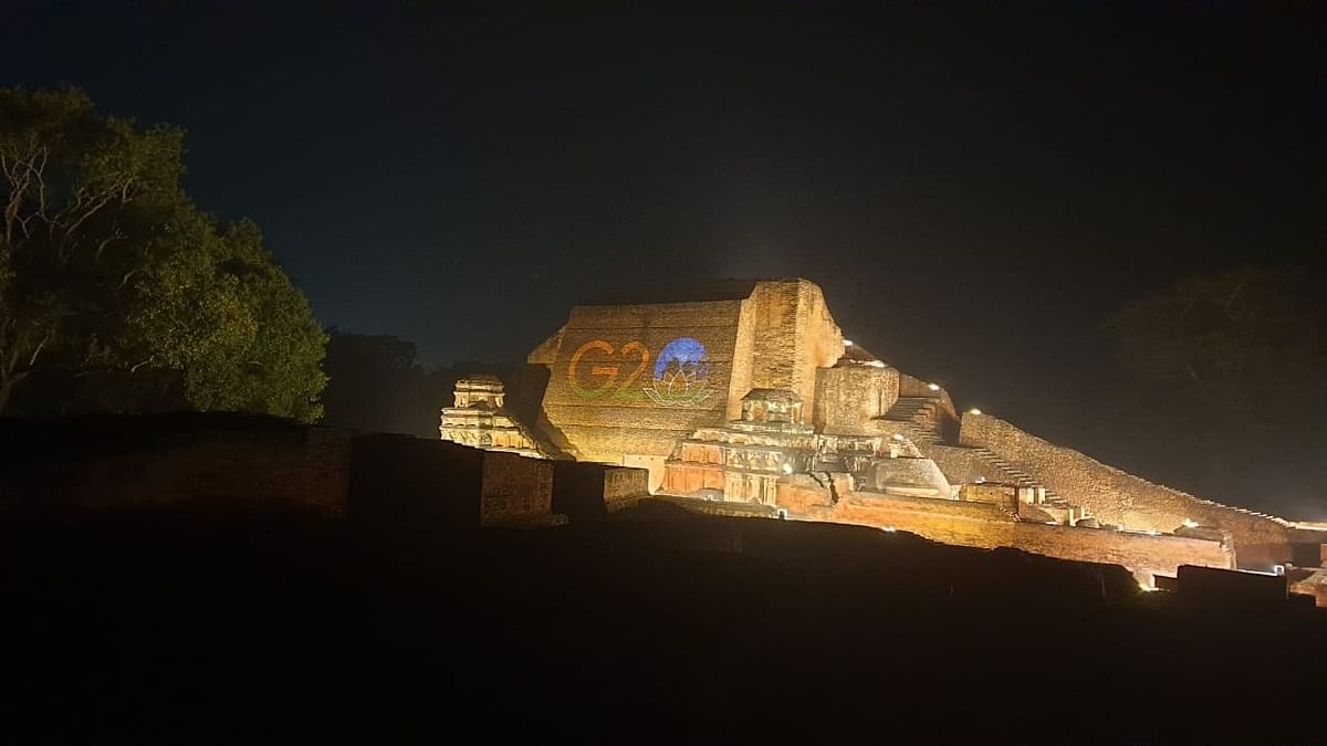The Nalanda University in Bihar is illuminated with the G20 logo. Credit: Twitter/@airnewsalerts