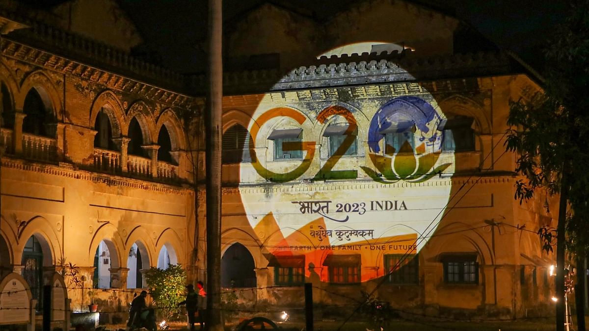 The Old High Court building in Nagpur is illuminated with the logo of G20 Summit 2023. Credit: PTI Photo