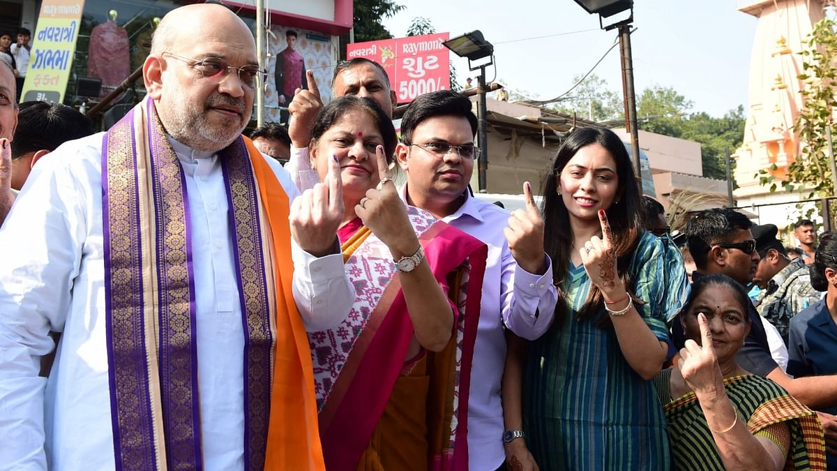 Home Minister Amit Shah after casting his vote at Naranpura in Ahmedabad. Credit: PTI Photo