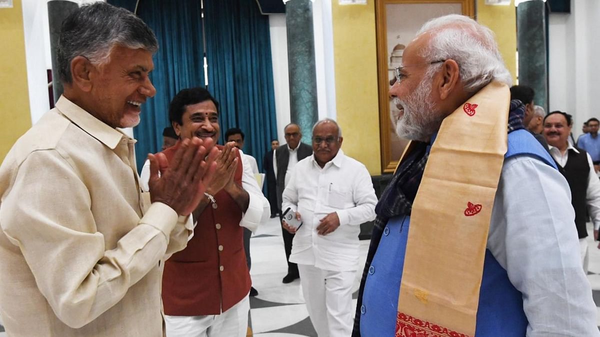 Prime Minister Narendra Modi with TDP chief N Chandrababu Naidu during the all-party meeting on G20 summit, in New Delhi. Credit: PTI Photo