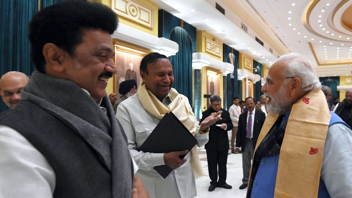 Prime Minister Narendra Modi sharing a laugh with Tamil Nadu CM MK Stalin during the all-party meeting on G20 summit, in New Delhi. Credit: PTI Photo