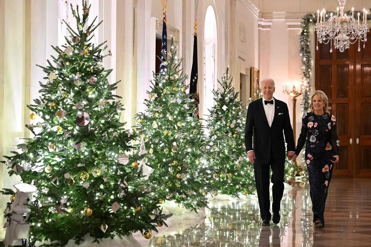 US President Joe Biden and First Lady Jill Biden arrive at a reception for the Kennedy Center Honorees in the East Room of the White House in Washington, DC. Credit: AFP Photo