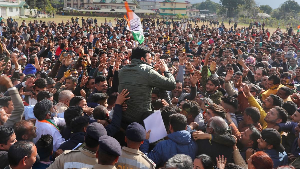 Congress candidate RS Bali being greeted by supporters, celebrating his victory in the Himachal Pradesh Assembly polls, in Nagrota Bagwan. Credit: PTI Photo