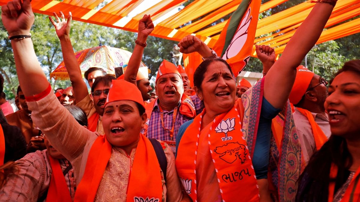 Supporters of Bharatiya Janata Party (BJP) raise slogans as they celebrate after learning of the results of Gujarat state assembly election in Gandhinagar. Credit: Reuters Photo