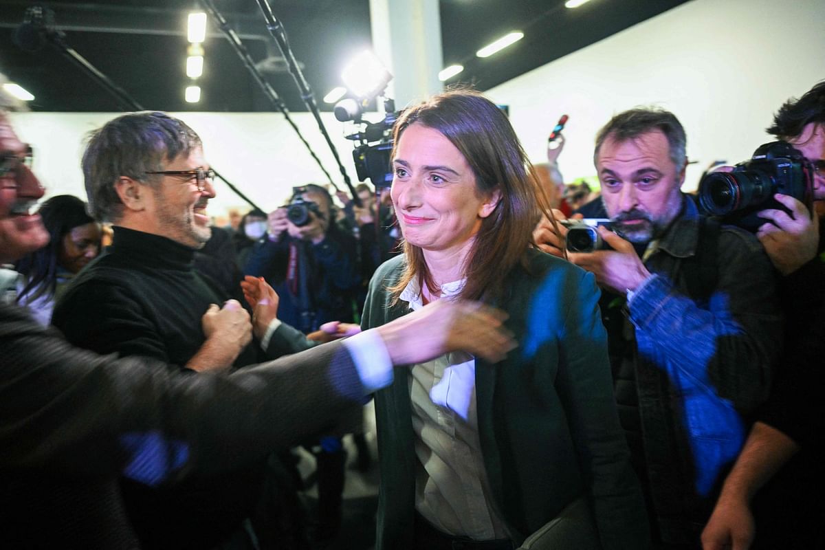 Newrly elected President of the Europe Ecologie Les Verts (EELV) ecologist party Marine Tondelier celebrates her election during the Federal Congress of the party on the day of the election of their new national secretary in Rungis outside Paris on December 10, 2022. Credit: AFP Photo