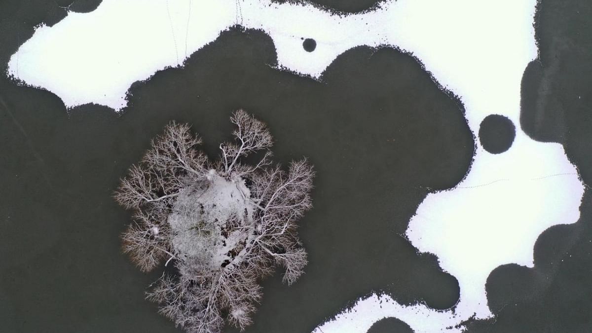 An aerial view shows a frozen lake, with areas covered in snow in Richmond Park, south west London. Credit: AFP Photo