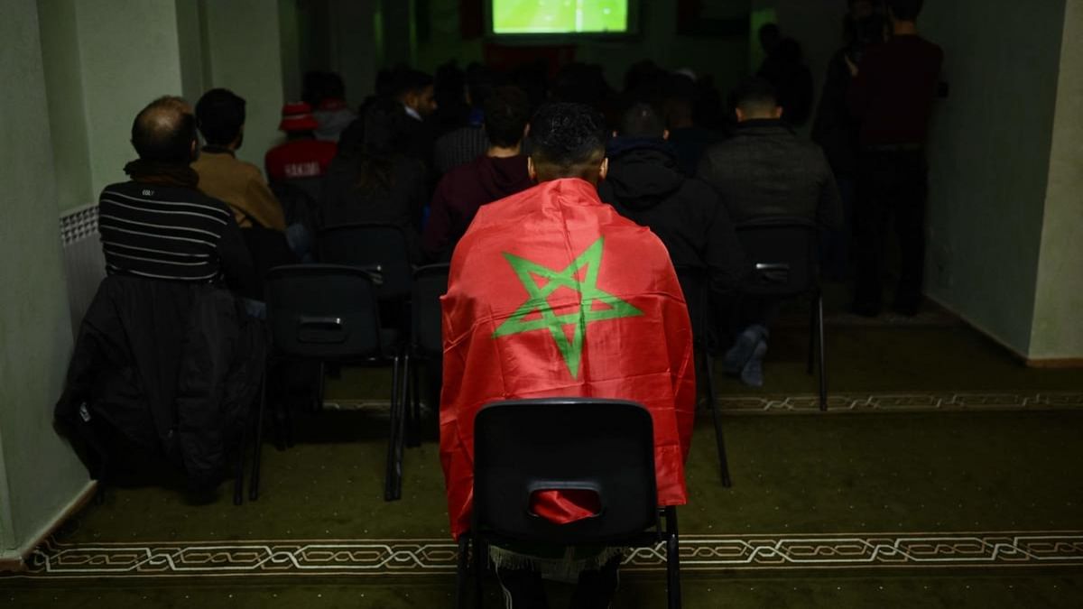 Morocco's supporters watch on December 14, 2022 at a youth center in Turin the Qatar 2022 World Cup semifinal football match between France and Morocco. Credit: AFP Photo