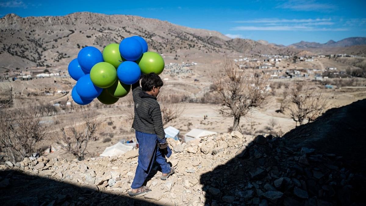 An Afghan boy holds balloons as he walks downhill along a path in Barmal district of Paktika province. Credit: AFP Photo