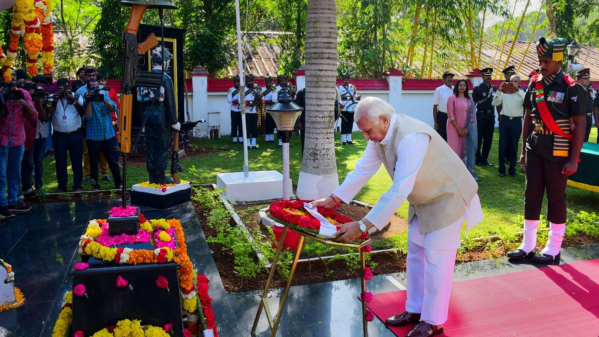 Kerala Governor Arif Mohammed Khan also laid a wreath at War Memorial, Pangode, on the occasion in Thiruvananthapuram. Credit: PTI Photo