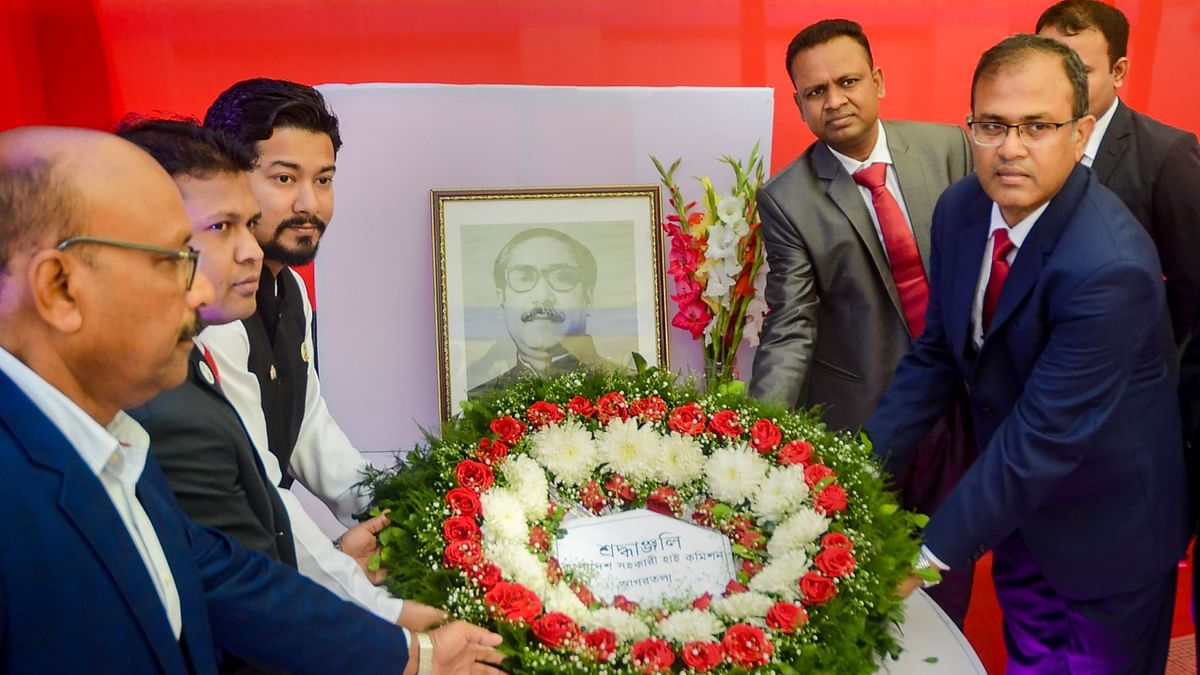 Bangladesh Assistant High Commission officials paid trinutes and laid wreath at the portrait of former Bangladesh president Sheikh Mujibur Rahman, in Agartala. Credit: PTI Photo