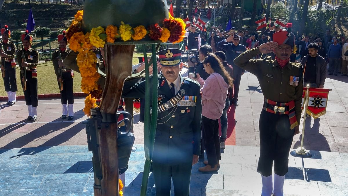 Major General Atul Rawat paid tribute at the Dharamsala War memorial. Credit: PTI Photo