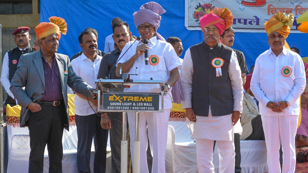 NCP President Sharad Pawar addressed at the Vijay Diwas celebrations, in Karad. Credit: PTI Photo