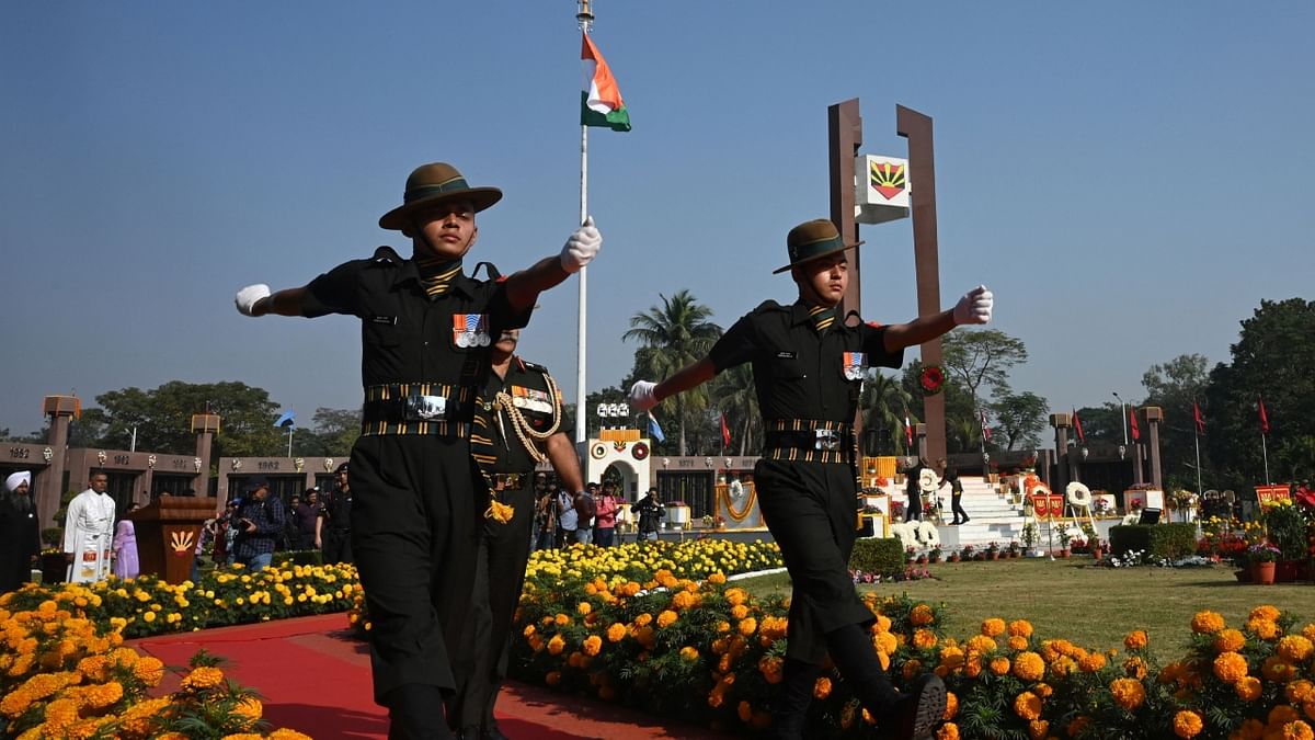 Indian Army officials participated in an event to celebrate Vijay Diwas at the headquarters of eastern command of Indian army Fort William in Kolkata. Credit: AFP Photo
