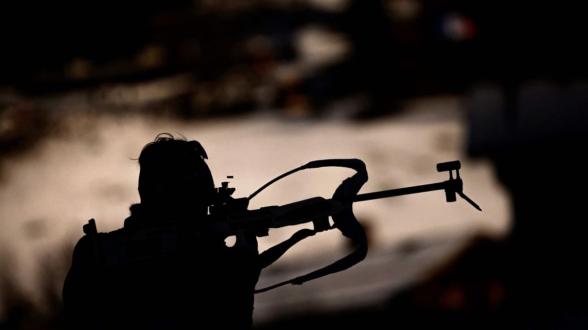 A biathlete takes part in a zeroing session prior to the men’s 12,5 km pursuit event of the IBU Biathlon World Cup in Le Grand Bornand near Annecy, France, on December 17, 2022. Credit: AFP Photo