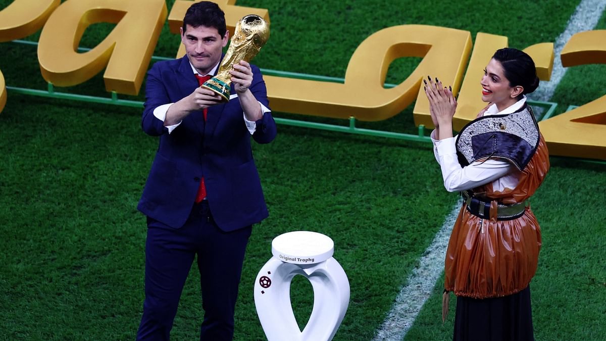 Deepika Padukone along with former Spanish player Iker Casillas unveiled the FIFA World Cup trophy. Credit: Reuters Photo