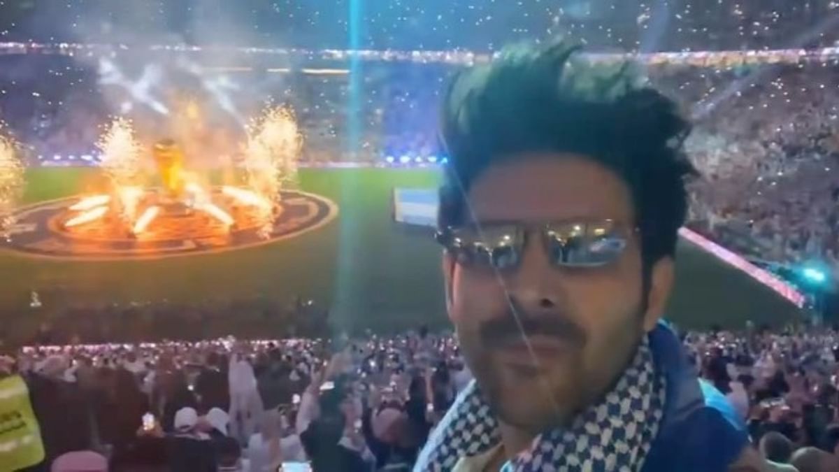 Bollywood's 'Shehzada' Kartik Aaryan enjoying the fireworks ahead of the finale match. Credit Instagram/@kartikaaryan