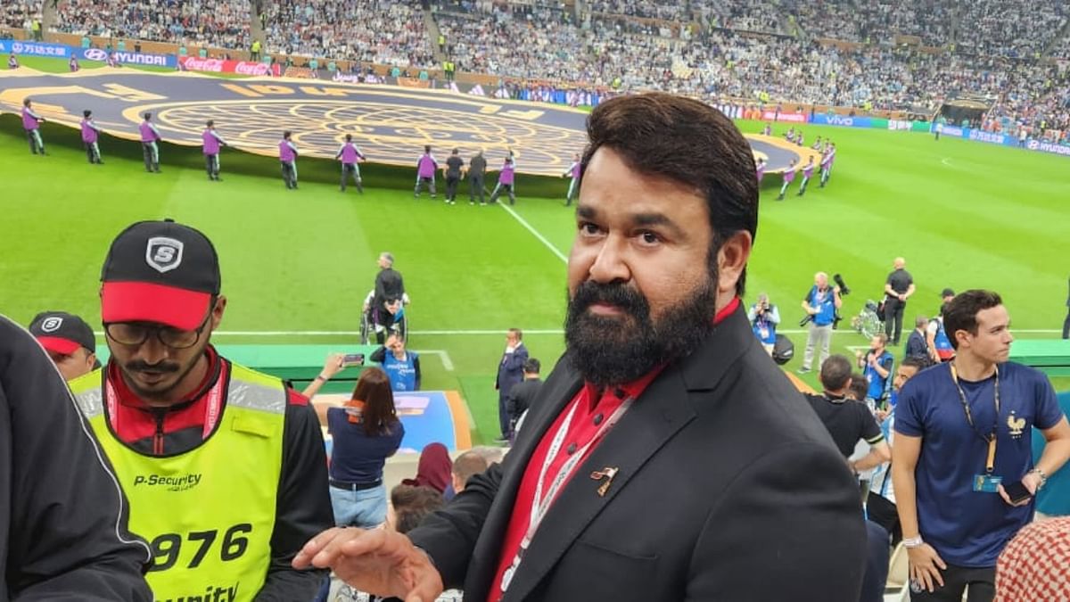 One of the greatest and most decorated actors of Indian cinema, Mohanlal was seen at the stands cheering for his favourite team. Credit Twitter/@Mohanlal