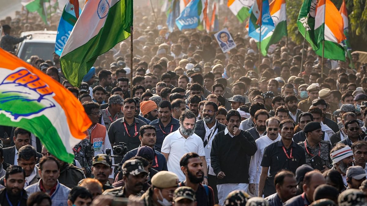 Congress leader Rahul Gandhi with party leaders during the Bharat Jodo Yatra, in New Delhi. Credit: PTI Photo