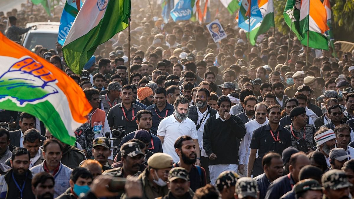 Rahul Gandhi with party leaders during the Bharat Jodo Yatra, in New Delhi. Credit: PTI Photo