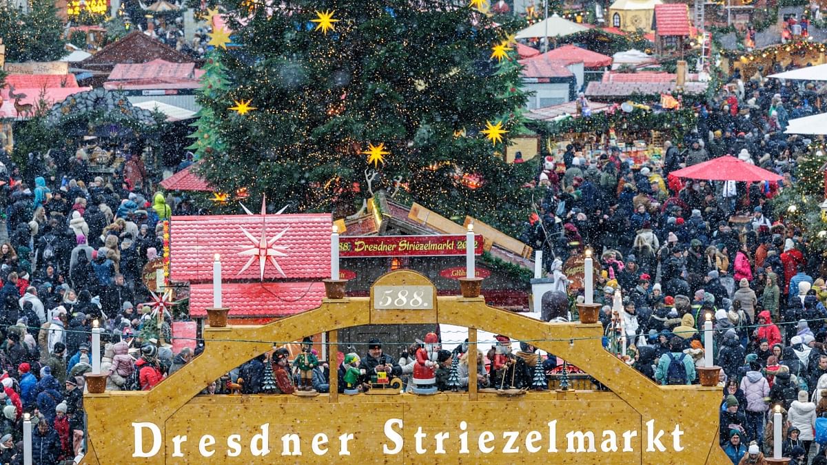 A general view of the stands at the Dresden Striezelmarkt Christmas market in Dresden, eastern Germany. Credit: AFP Photo