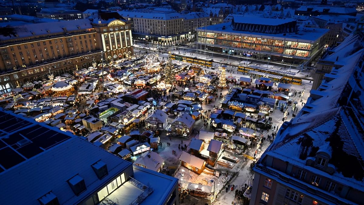 An aerial view of the Striezelmarkt Christmas market in Dresden, Germany. Credit: Reuters Photo