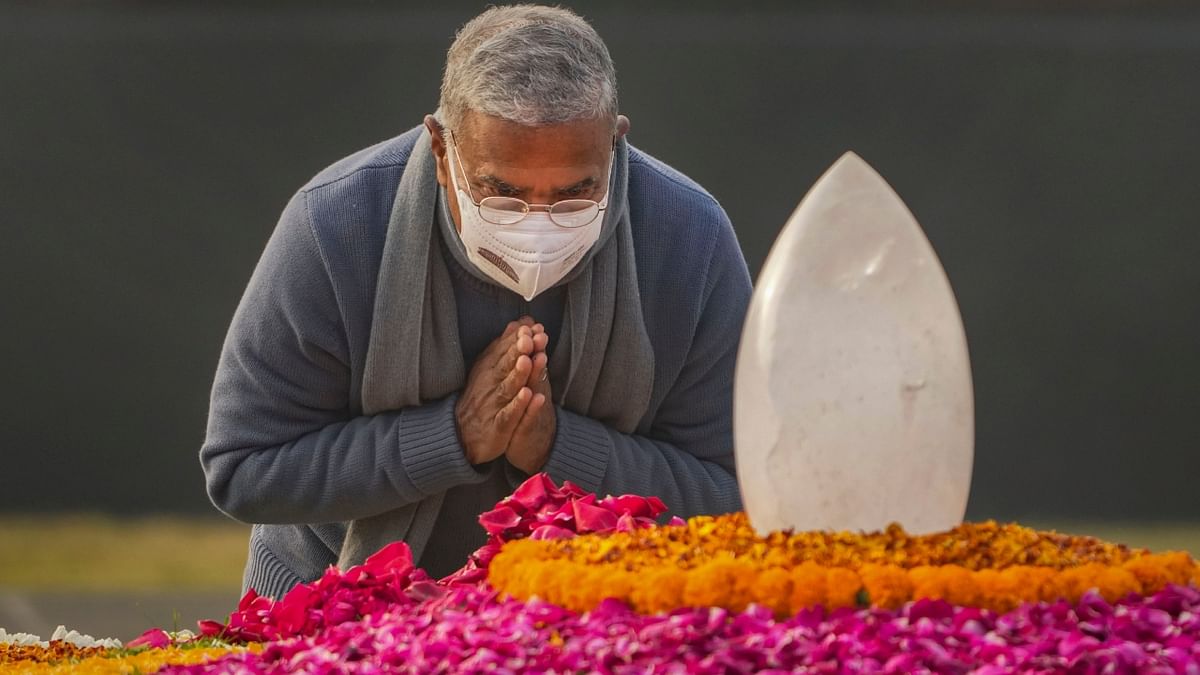Rajya Sabha Dy Chairman HN Singh pays tribute to former prime minister Atal Bihari Vajpayee on his birth anniversary, at Sadaiv Atal, in New Delhi. Credit: PTI Photo