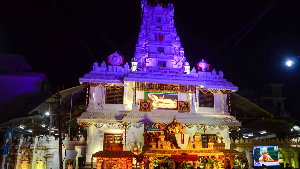 Venkataramana Temple illuminated on the occasion, in Mangaluru. Credit: PTI Photo