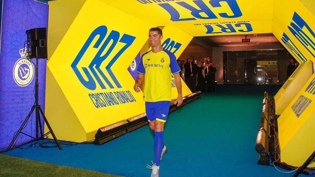 The packed, 25,000-capacity stadium erupted when Ronaldo, dressed in Al Nassr's yellow and blue kit, walked on to the pitch, saluting the crowd as fireworks erupted and floodlights flashed around him. Credit: Instagram/@cristiano