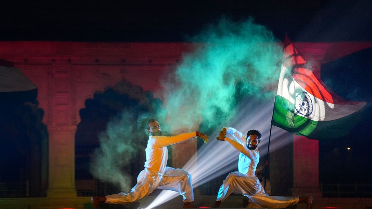 Artists perform during the Light and Sound Show inaugurated by Union Home Minister Amit Shah at Red Fort, in New Delhi. Credit: PTI Photo
