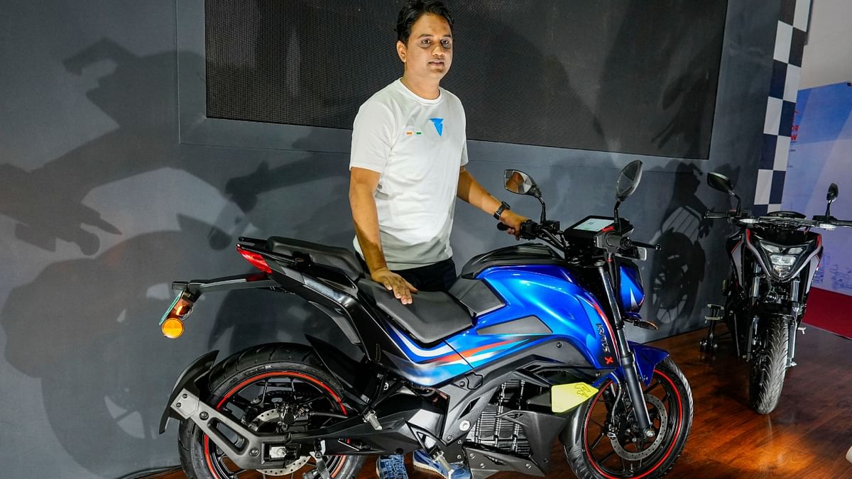 Electric bike maker Tork Motors, which plans to expand its retail network to 72 cities by March 2024, launched the Kratos X bike at the Auto Expo 2023, in Greater Noida. Credit: PTI Photo