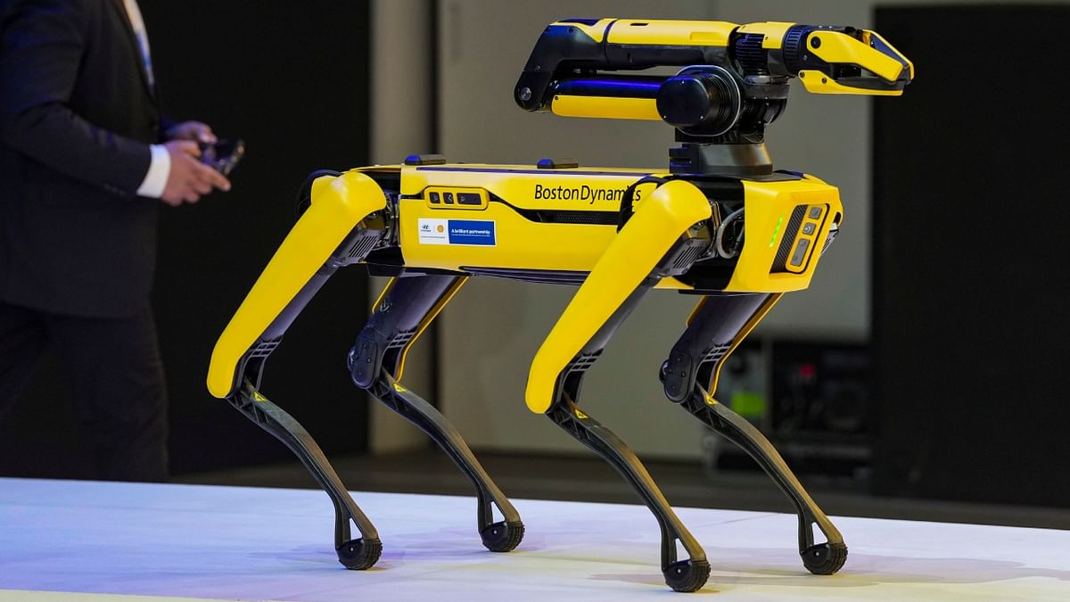 The American engineering and robotics company—Boston Dynamics— showcased its quadruped Spot robot at Hyundai's pavilion during the Auto Expo 2023, in Greater Noida. Credit: PTI Photo