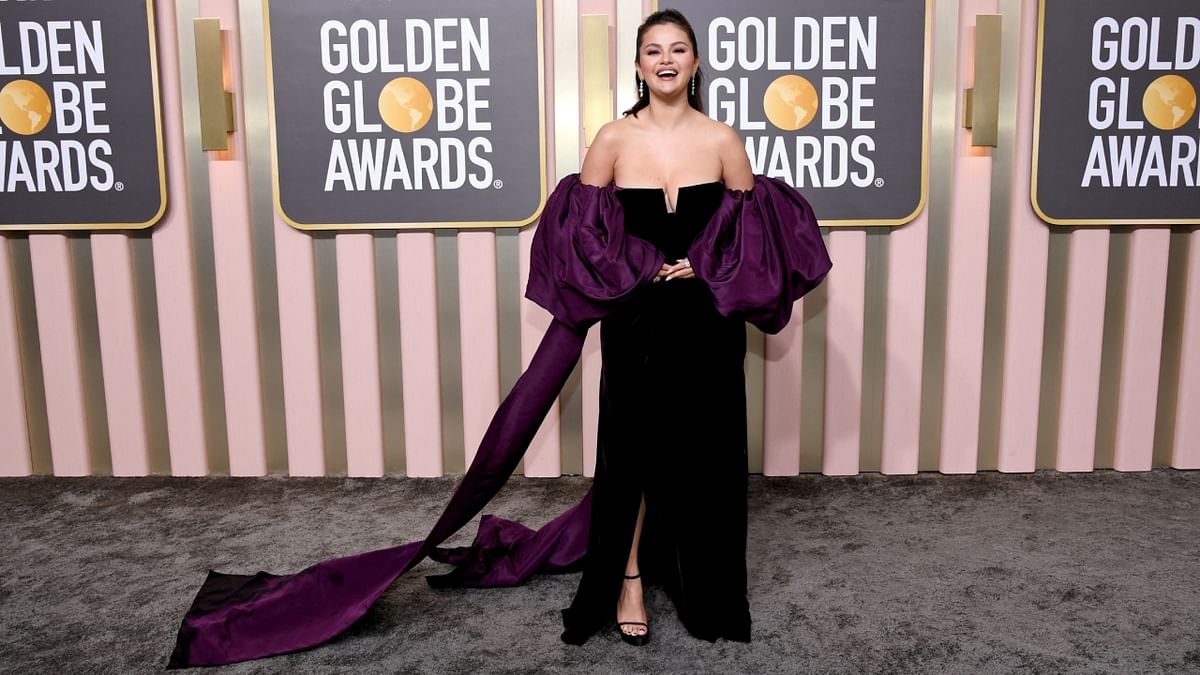 Selena Gomez wore a strapless velvet Valentino gown in a deeper amethyst shade. Credit: AFP Photo