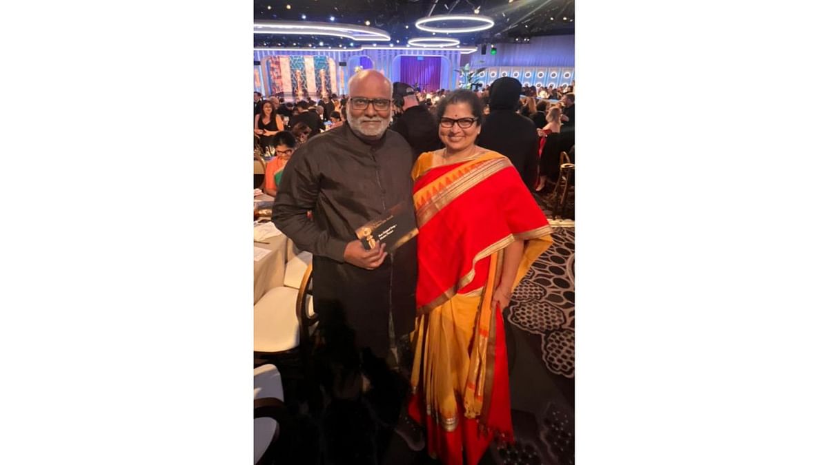 Music director MM Keeravaani with his wife at the Golden Globe awards at The Beverly Hilton hotel in Beverly Hills, California. Credit: Special Arrangement