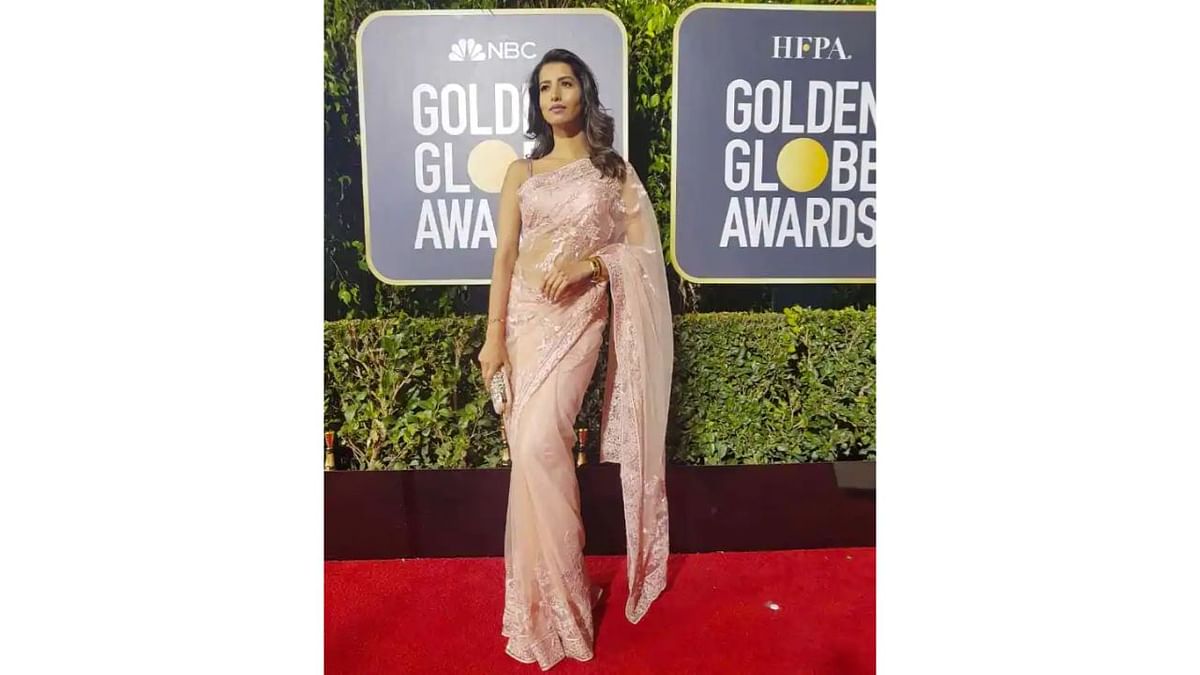 Beauty queen Manasvi Mamgai made heads turn in sheer saree by Manish Malhotra at Golden Globes 2019. Credit: Special Arrangement