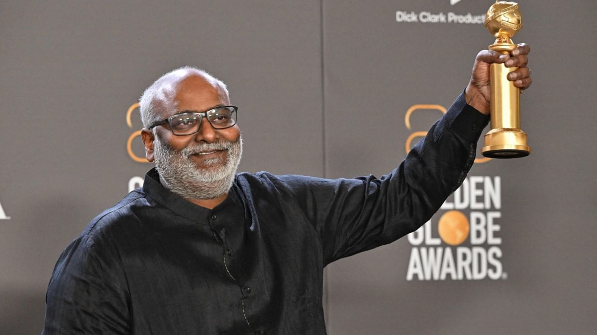 History was created at the 2023 Golden Globes as SS Rajamouli's magnum opus 'RRR' bagged its first award for the song 'Naatu Naatu'. The song won the 'Best Original Song' at the prestigious award ceremony. Credit: AFP Photo