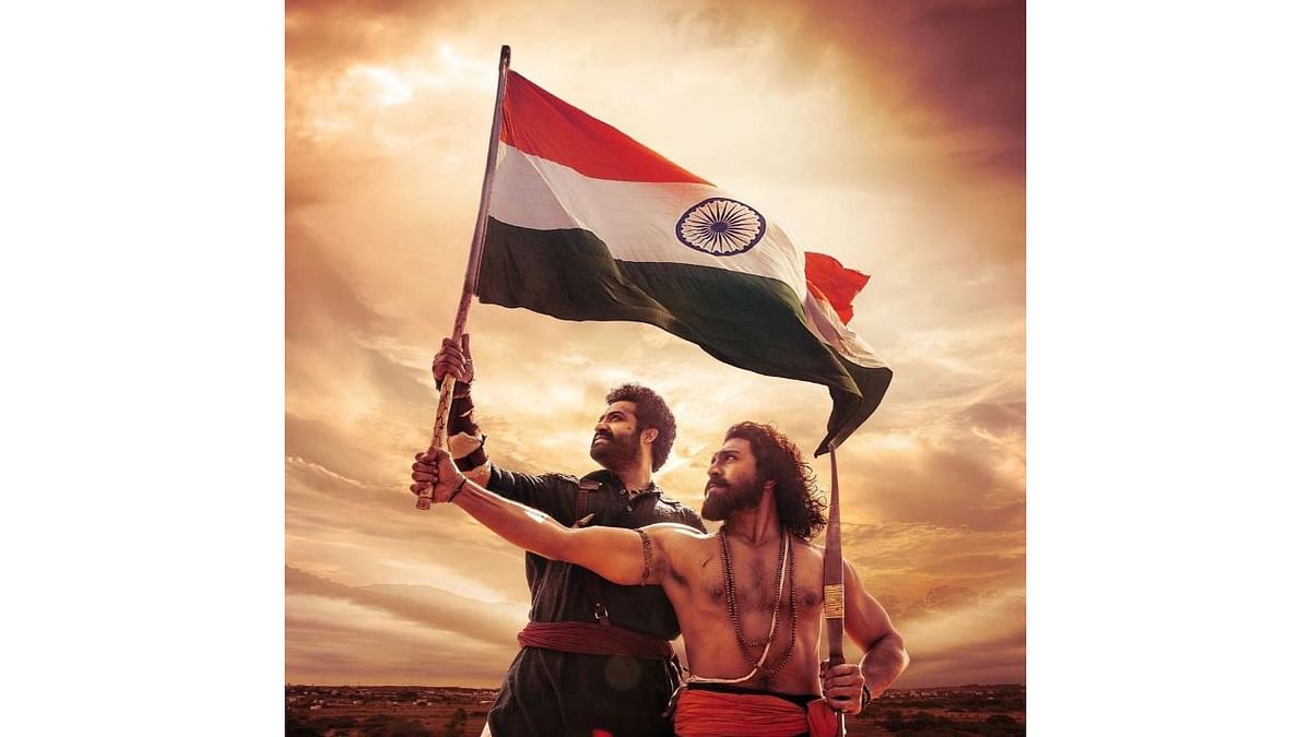 RRR: S S Rajamouli's period action blockbuster follows two real-life Indian revolutionaries – Alluri Sitarama Raju (Ram Charan) and Komaram Bheem (Jr NTR) – in the 1920s. Credit: Twitter/@RRRMovie