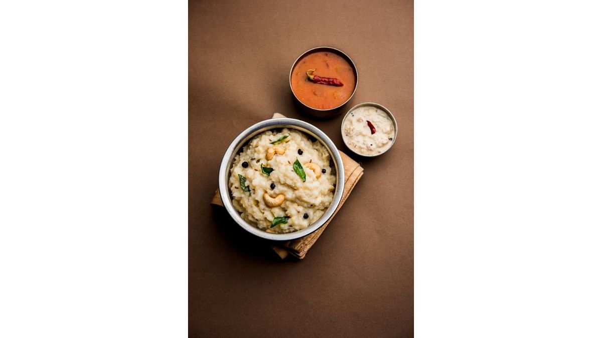 Ven Pongal: Ven Pongal, also known as Khara Pongal, is a savoury variation of Sakkarai Pongal in which moong dal and a few spices are used in place of milk and jaggery. It complements sambhar and chutney and adds flavour to you celebrations. Credit: DH Pool Photo