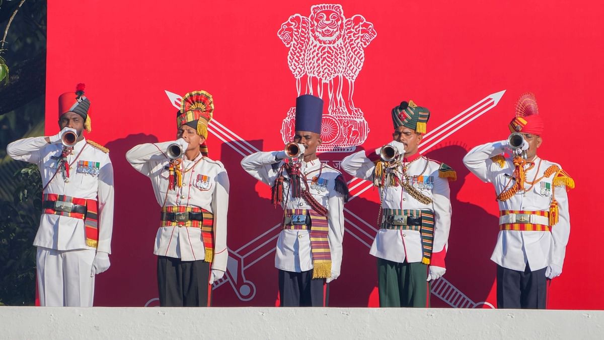 Army Band performs during the 75th Army Day celebrations at Govinda Swamy Parade Ground in Bengaluru. Credit: PTI Photo