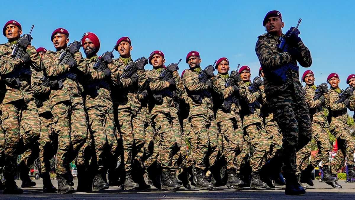 Special Forces commandos march past during the 75th Army Day celebrations at Govinda Swamy Parade Ground in Bengaluru. Credit: PTI Photo