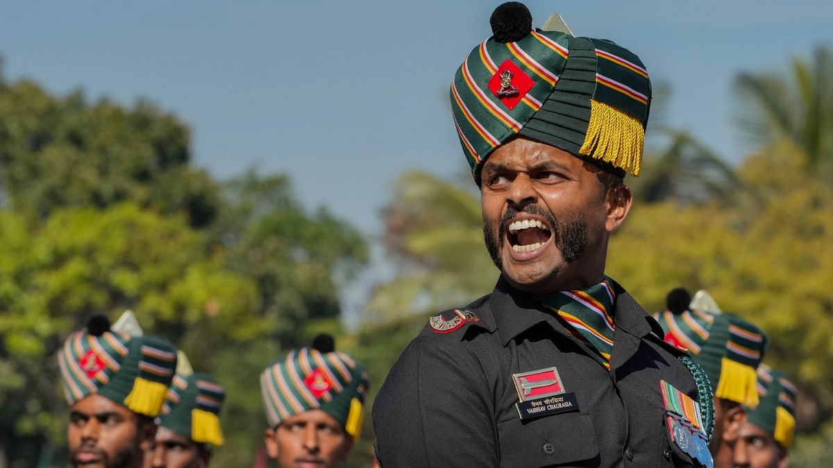 A member of a contingent of Army's Madras Regiment marches past during the 75th Army Day celebrations at Govinda Swamy Parade Ground in Bengaluru. Credit: PTI Photo