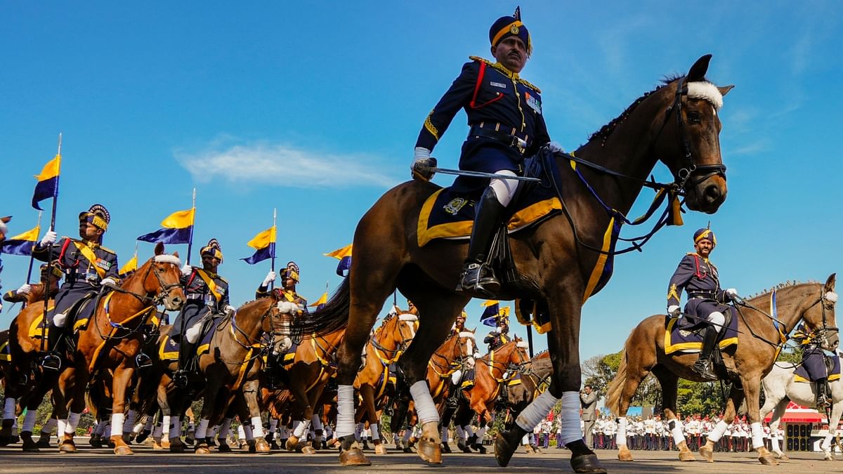 A contingent of Army's Cavalry Regiment marches past during the 75th Army Day celebrations at Govinda Swamy Parade Ground in Bengaluru. Credit PTI Photo
