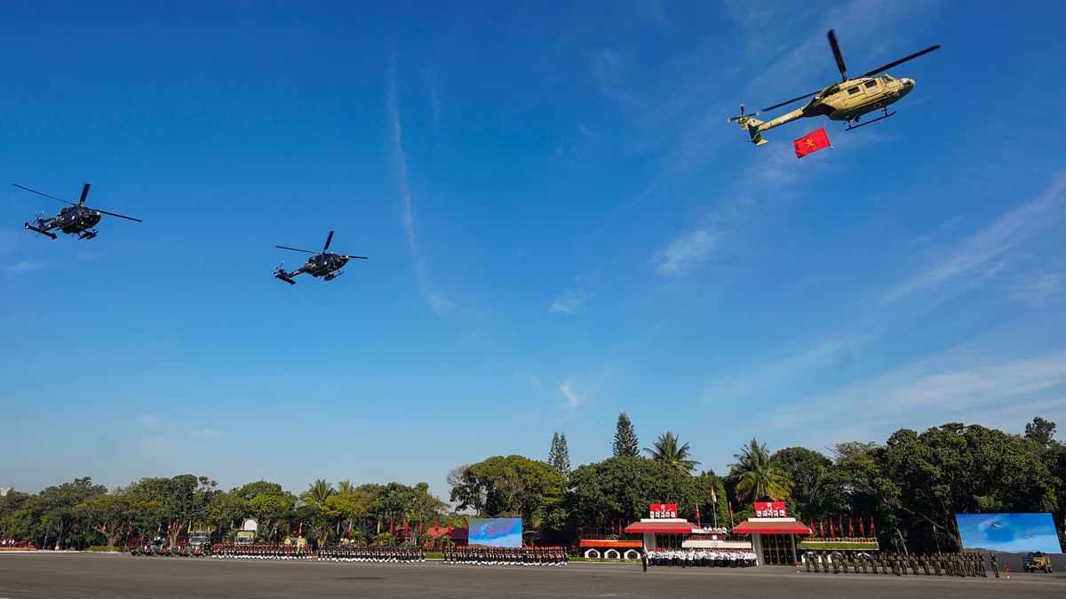 Army helicopters fly-past during the 75th Army Day celebrations at Govind Swamy Parade Ground in Bengaluru. Credit: PTI Photo