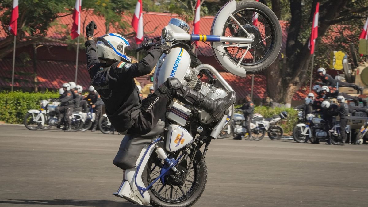 A member of the Army Service Corps (ASC) Tornadoes team performs during the 75th Army Day celebrations at Govinda Swamy Parade Ground in Bengaluru. Credit: PTI Photo
