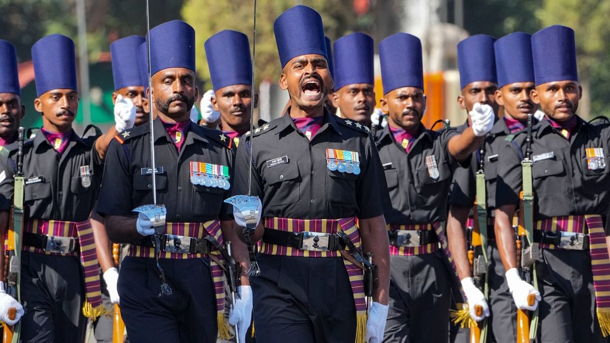 A contingent of Army Engineers marches past during the 75th Army Day celebrations at Govinda Swamy Parade Ground in Bengaluru. Credit: PTI Photo