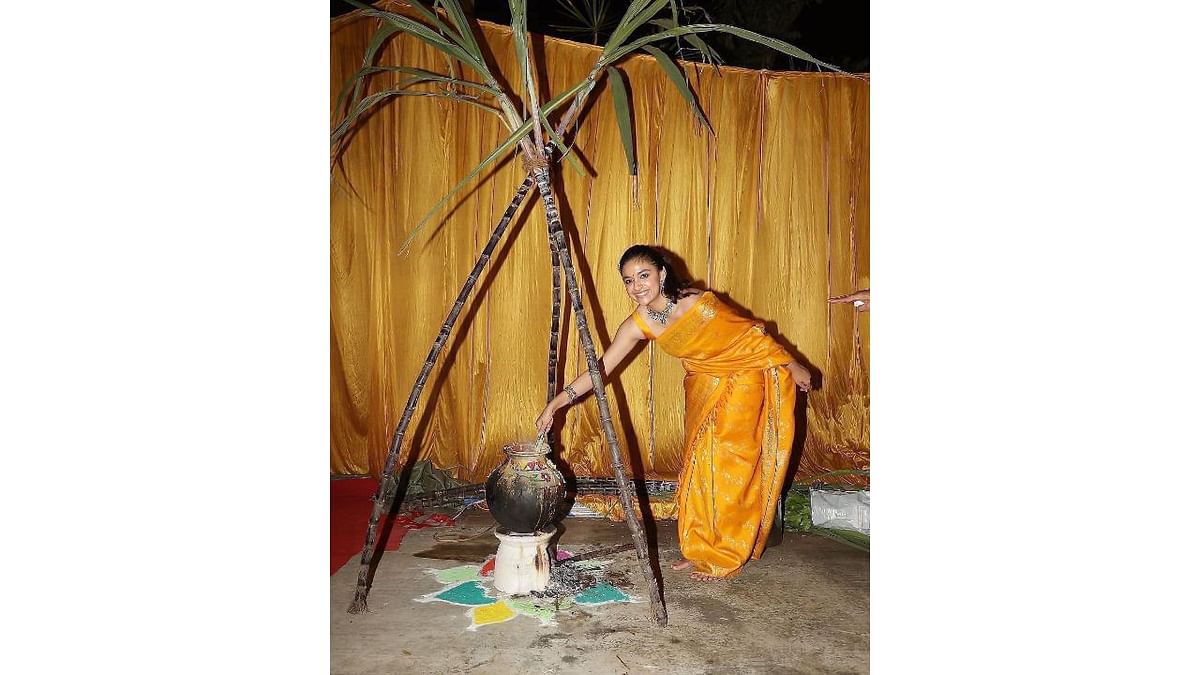 Actress Keerthy Suresh was seen celebrating Pongal with her near and dear ones. She opted for a yellow saree for the festival. Credit: Instagram/@keerthysureshofficial