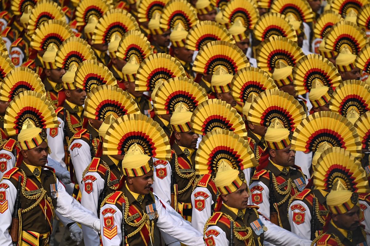 Indian soldiers march during the full dress rehearsal for the upcoming Republic Day parade. Credit: AFP Photo