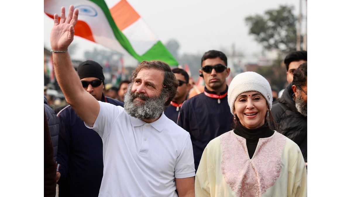 Bollywood actress turned politician and Shiv Sena (UBT) member Urmila Matondkar joined Rahul Gandhi at the Bharat Jodo Yatra in Jammu on January 24. Credit: Twitter/@INCIndia