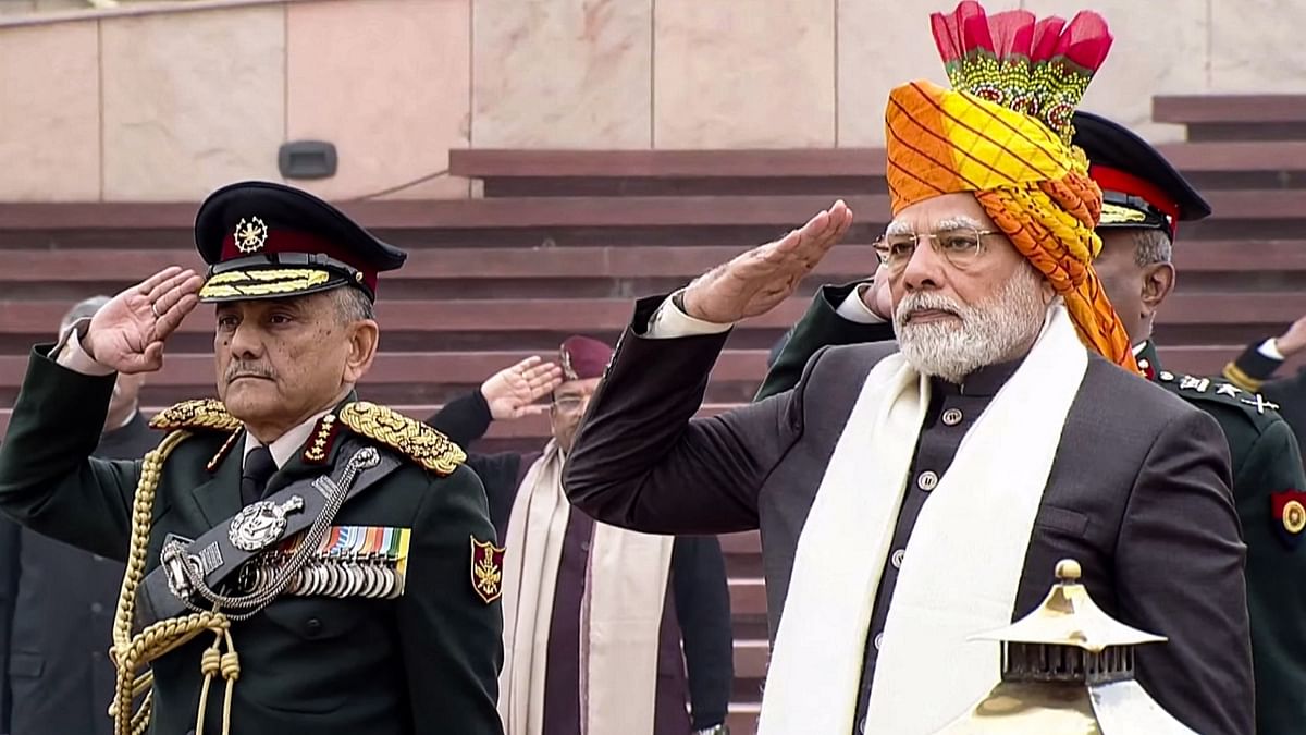 Prime Minister Narendra Modi visited the National War Memorial on January 26, 2023. Credit PTI Photo