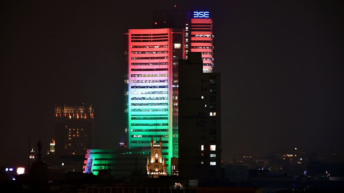 BSE (Bombay Stock Exchange) is illuminated in the colours of tricolour on the eve of Republic Day, in Mumbai. Credit: PTI Photo